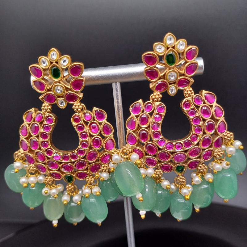 Beautiful Pink Jadav kundan Earrings With Green Monalisa Beads