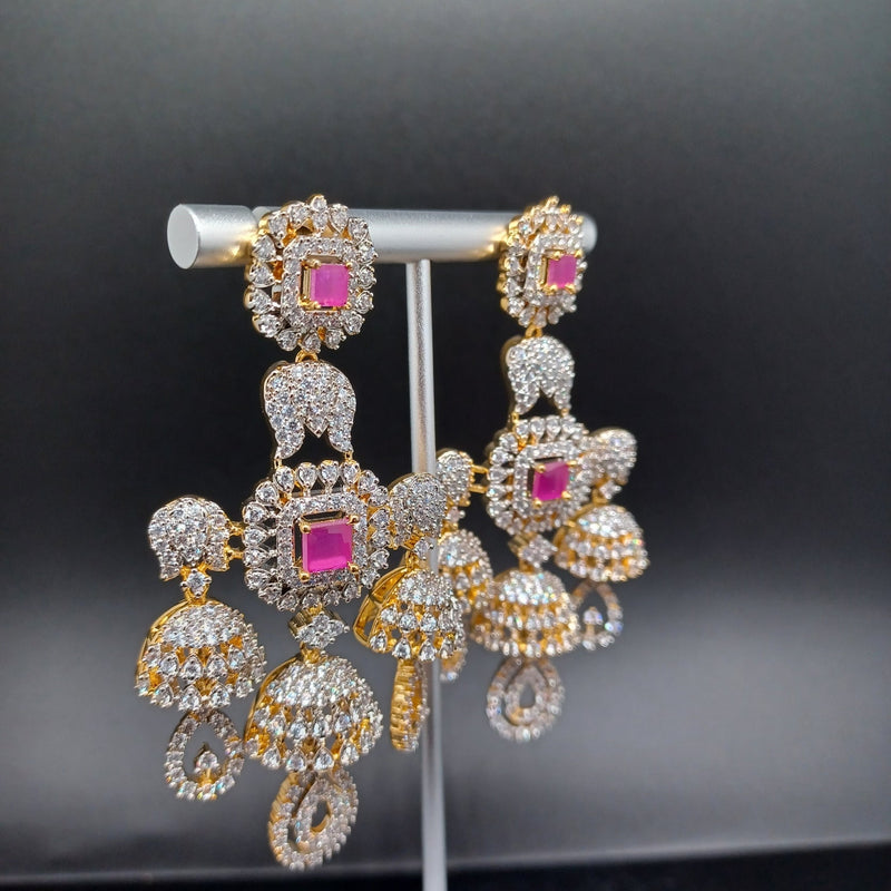 Beautiful Diamond Finish AD And Pink Stone Earrings