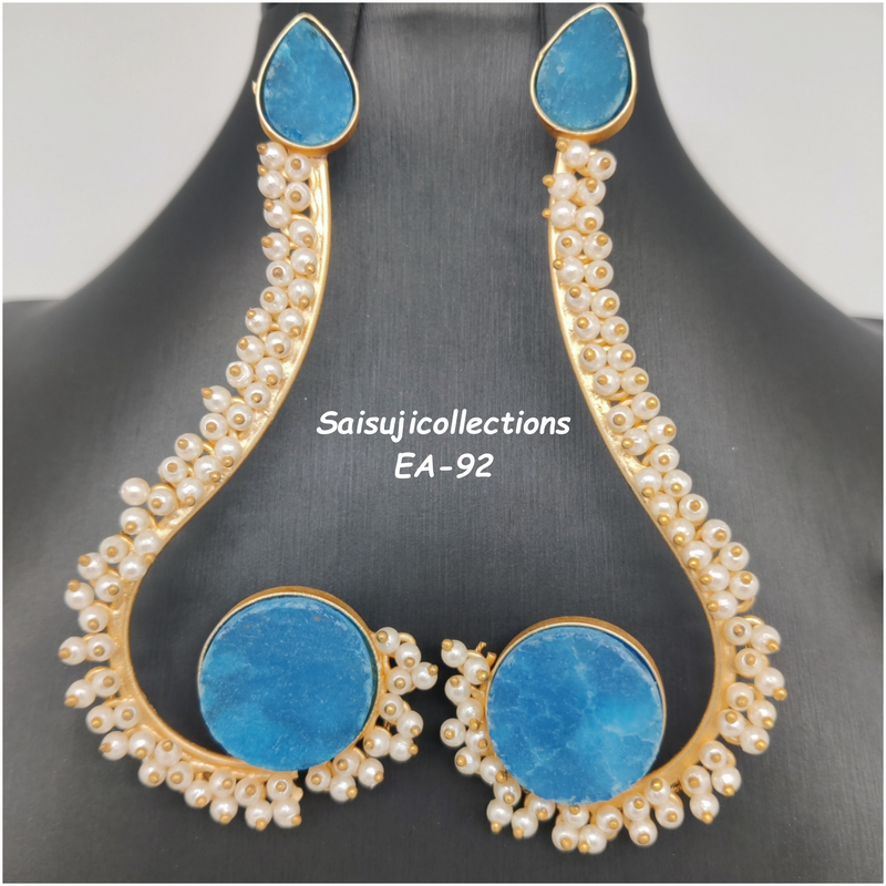 Blue Color Druzy Stone and Pearl Earrings
