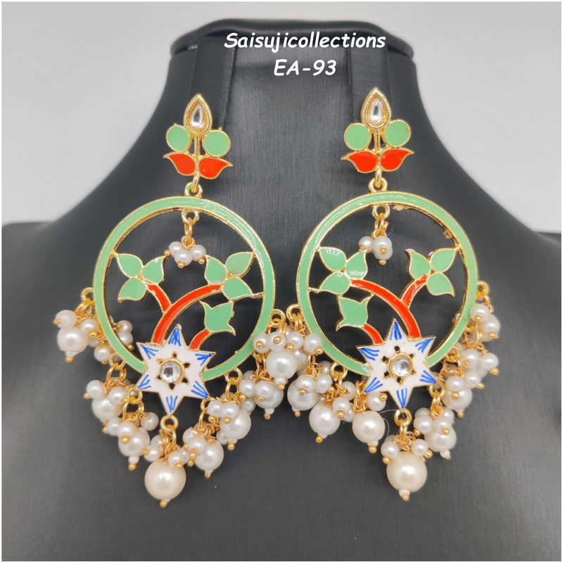 Beautiful Green And Orange Color Meenakari Earings With Pearls