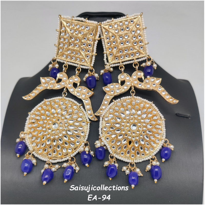 Imitation Gold Kundan Big Kundan Earrings With Blue Beads