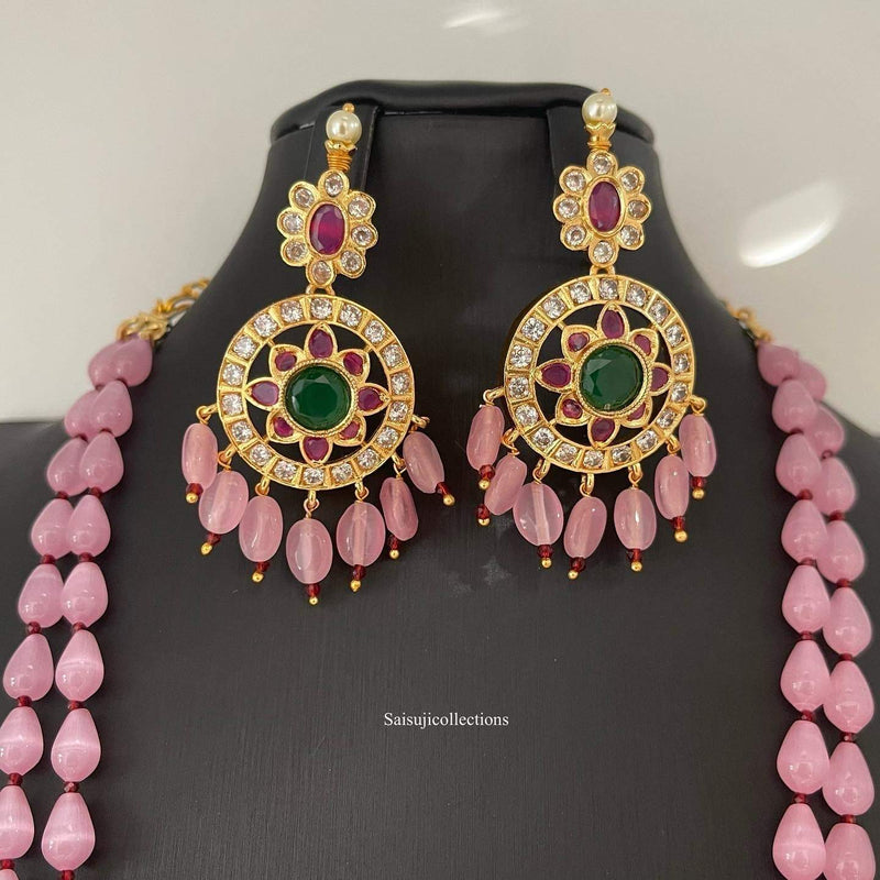 Beautiful Pink Monalisa Beads 2 Lane Haram with AD and Multi stone Locket with Earrings-Saisuji Collections-C-AD,Choker,Emerald,Imitation Gold,Kemp,Long,navaratan,Necklace,Necklace Set,Necklaces,Necklance,Peacock,Ruby