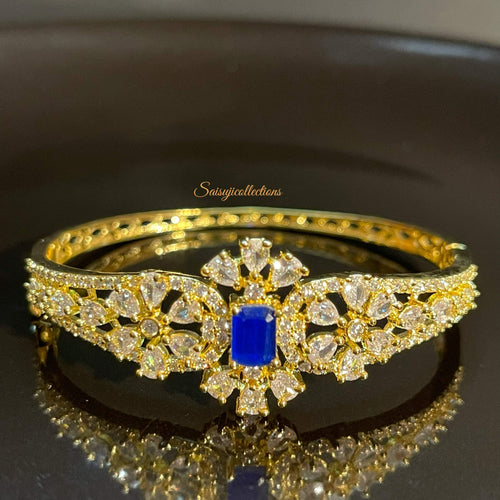 Imitation Gold CZ and Sapphire Bracelet , Size 2.4 to 2.6 Adjustable-Saisuji Collections-C-Adjustable,American Diamond,Blue Stone,Bracelet,CZ,Openable,Saffire