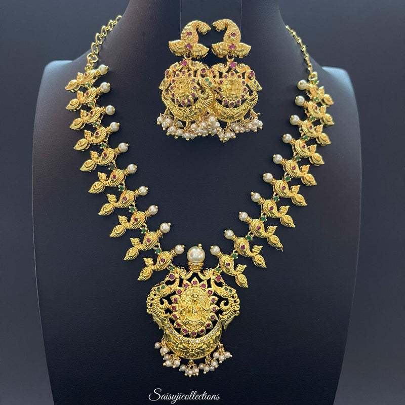 Imitation Gold Laxmi Peacock Necklace Set-Saisuji Collections-C-Imitation Gold,Laxmi,Multi Stone,Nakshi,Necklace,Necklaces,Temple