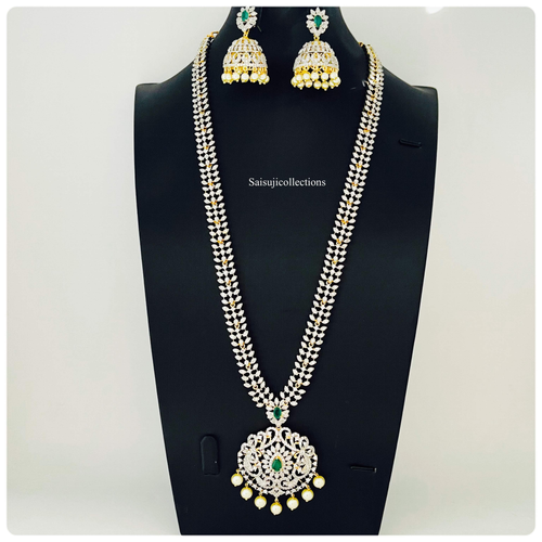 Elegant Diamond Finish Long Haram with CZ and Green Stone Necklace with Earrings-Saisuji Collections-C-AD,American Diamond,CZ,Necklace,Necklace Set,Necklaces