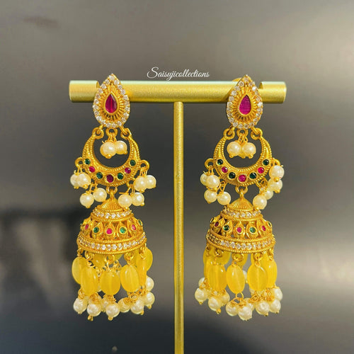 Matte Gold With CZ and Yellow Monalisa Big Earrings-Saisuji Collections-C-CZ,Earring,Earrings,Imitation Gold,Ruby