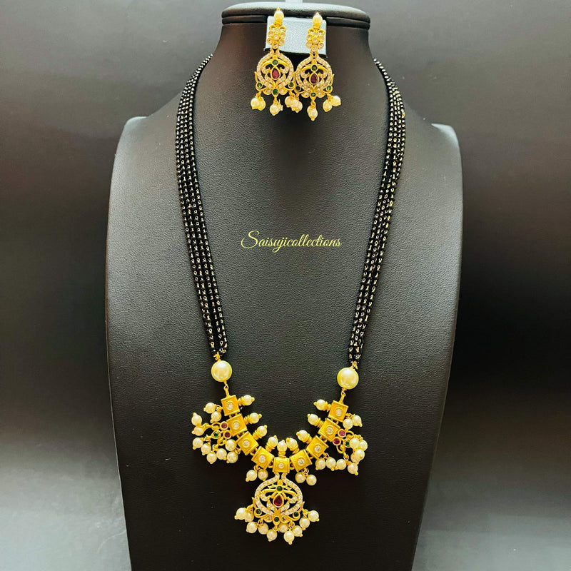 Matte Gold with CZ and Pearl Locket and Black Beads with Earrings-Saisuji Collections-C-CZ,Mangalsutra,Matte,Matte Gold