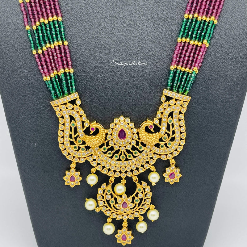 Beautiful Green and Magenta beads long Rani Haram with Earrings-Saisuji Collections-S-Beads,green pumpkin beads,lakshmi,Necklace,Necklace Set,Necklaces,Necklance