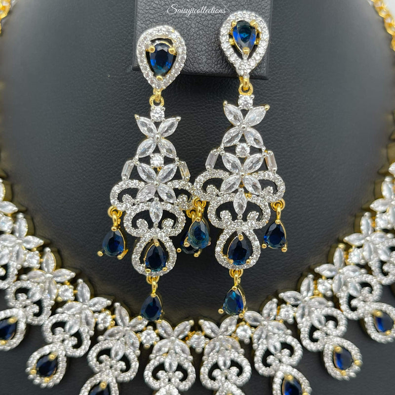 Beautiful CZ stones and Sapphire drops Necklace Set with Earrings-Saisuji Collections-S-CZ,Emerald,Imitation Gold,Necklace,Necklace Set,Necklaces,Necklance,Peacock,Ruby