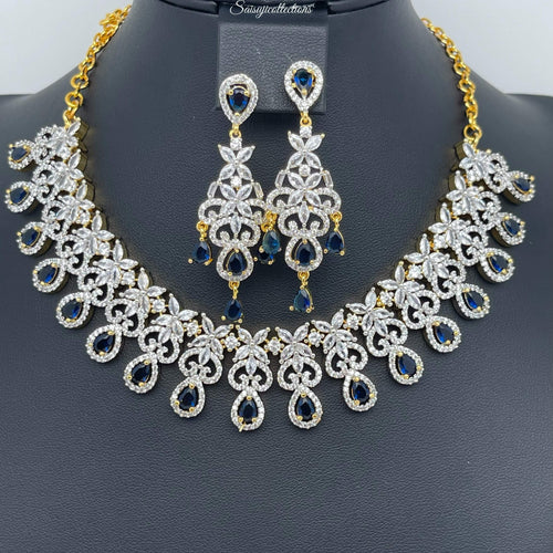 Beautiful CZ stones and Sapphire drops Necklace Set with Earrings-Saisuji Collections-S-CZ,Emerald,Imitation Gold,Necklace,Necklace Set,Necklaces,Necklance,Peacock,Ruby