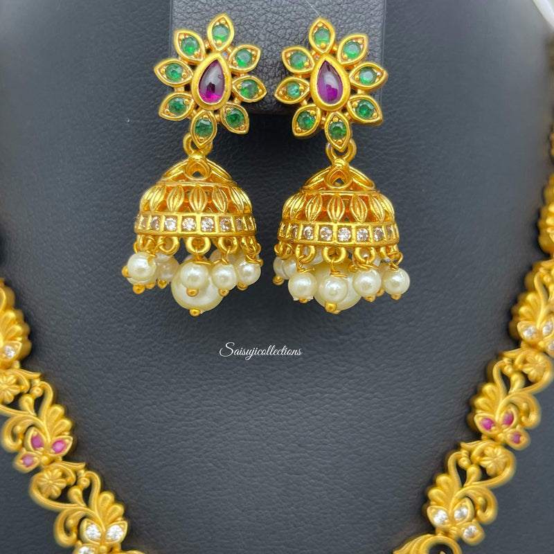 Premium Quality Imitation Gold Necklace Set with Multistone Locket and Jhumka-Saisuji Collections-S-Imitation Gold,Laxmi,Multi Stone,Nakshi,Necklace,Necklaces