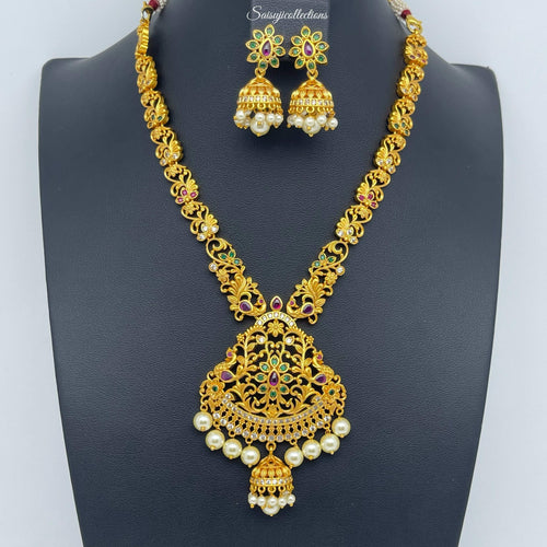 Premium Quality Imitation Gold Necklace Set with Multistone Locket and Jhumka-Saisuji Collections-S-Imitation Gold,Laxmi,Multi Stone,Nakshi,Necklace,Necklaces