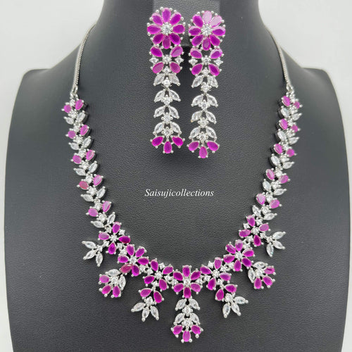 Beautiful AD and Ruby White Metal Necklace Set with Earrings-Saisuji Collections-S-AD,American Diamond,CZ,Necklace,Necklace Set,Necklaces