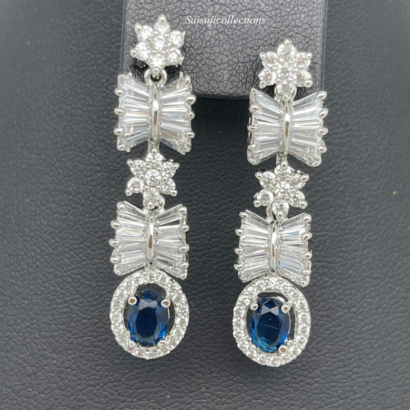 Beautiful White Metal  AD and Sapphire Stone Drops Necklace Set with Earrings-Saisuji Collections-S-AD,American Diamond,CZ,Necklace,Necklace Set,Necklaces