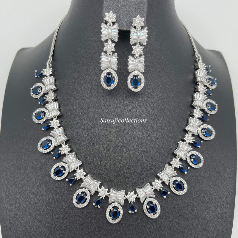 Beautiful White Metal  AD and Sapphire Stone Drops Necklace Set with Earrings-Saisuji Collections-S-AD,American Diamond,CZ,Necklace,Necklace Set,Necklaces