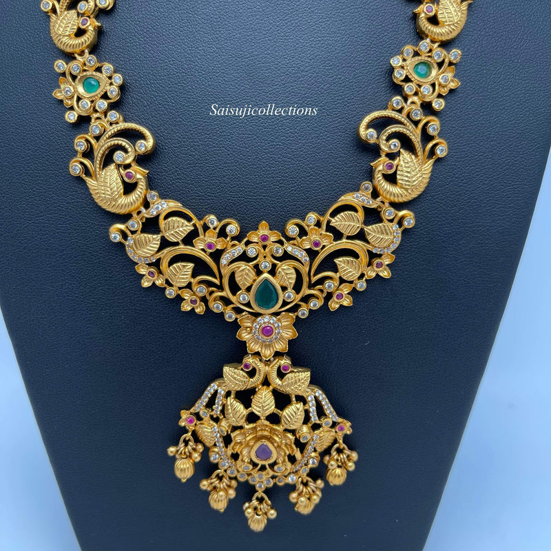 Premium Quality Imitation Gold CZ and Multistone long Peacock set with Earrings-Saisuji Collections-S-Imitation Gold,Laxmi,Multi Stone,Nakshi,Necklace,Necklaces