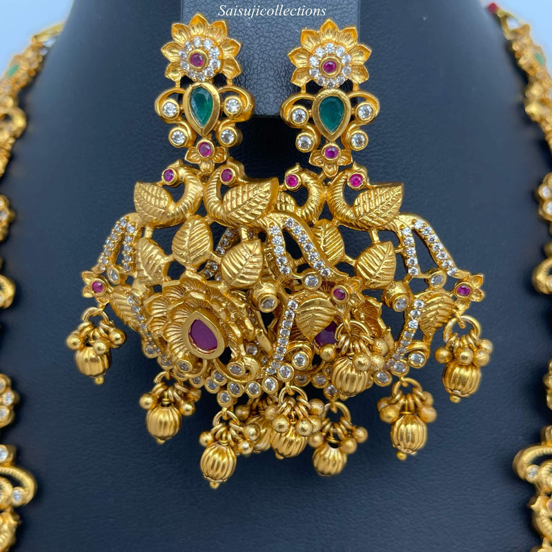 Premium Quality Imitation Gold CZ and Multistone long Peacock set with Earrings-Saisuji Collections-S-Imitation Gold,Laxmi,Multi Stone,Nakshi,Necklace,Necklaces