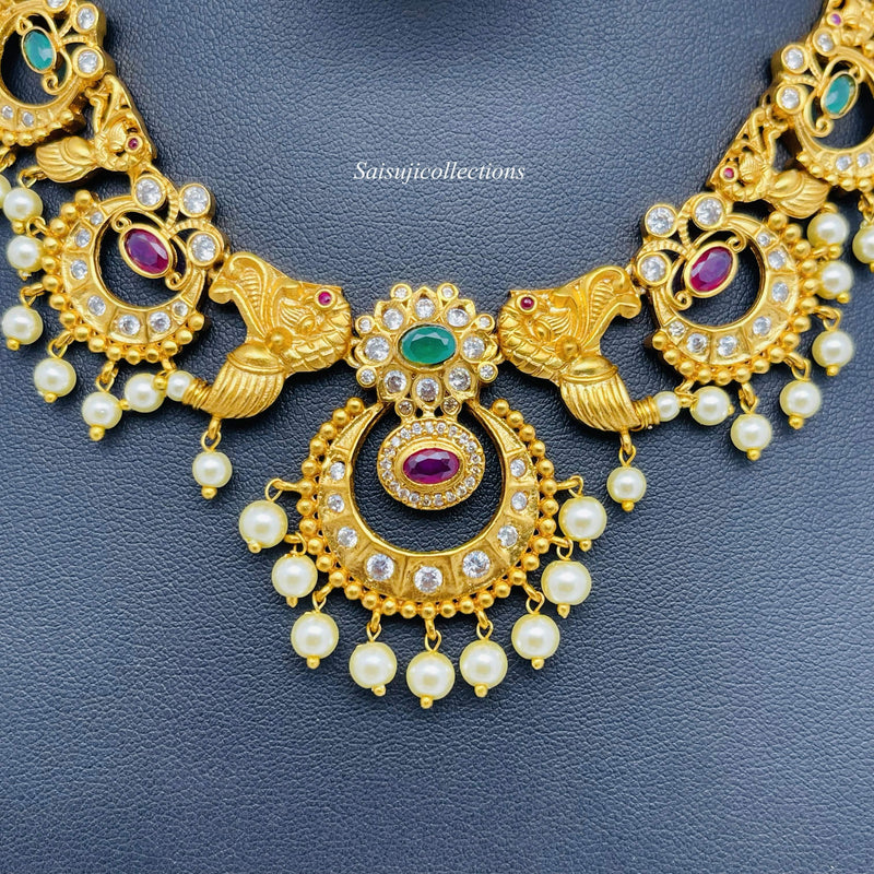 Premium Quality Imitation Gold Chandbali and Peacock Necklace Set with Earrings-Saisuji Collections-S-Imitation Gold,Laxmi,Multi Stone,Nakshi,Necklace,Necklaces