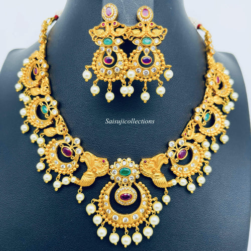 Premium Quality Imitation Gold Chandbali and Peacock Necklace Set with Earrings-Saisuji Collections-S-Imitation Gold,Laxmi,Multi Stone,Nakshi,Necklace,Necklaces