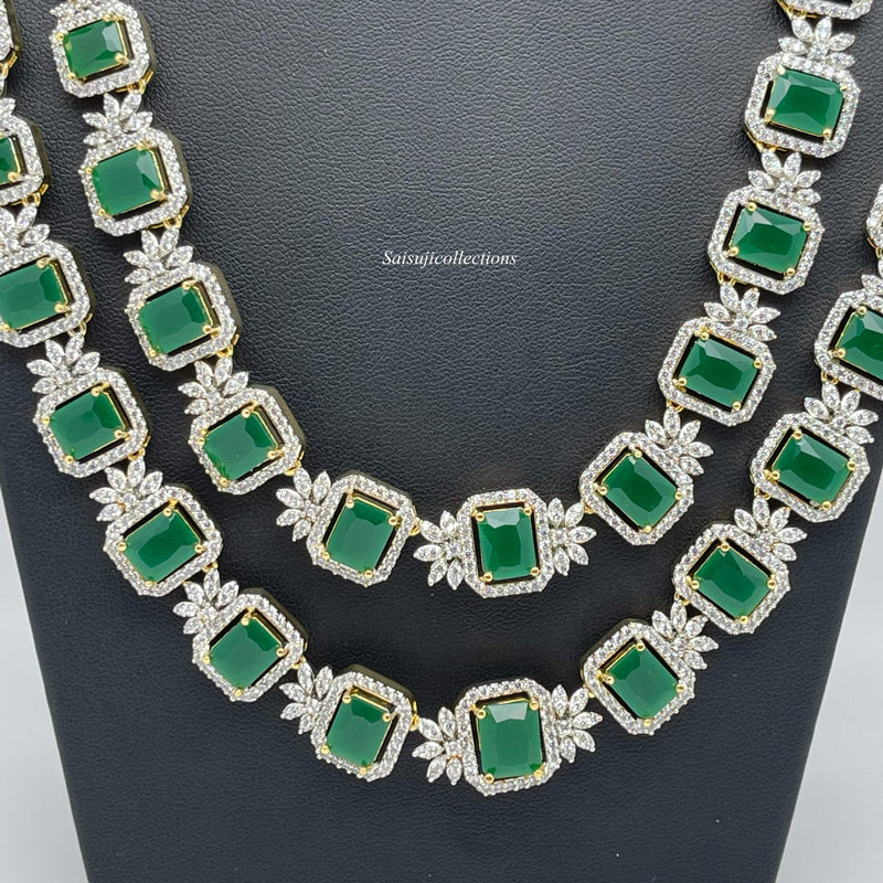 Elegant Diamond Finish CZ and Emerald 2 Layered Long Necklace Set with Earrings-Saisuji Collections-S-AD,American Diamond,CZ,Necklace,Necklace Set,Necklaces