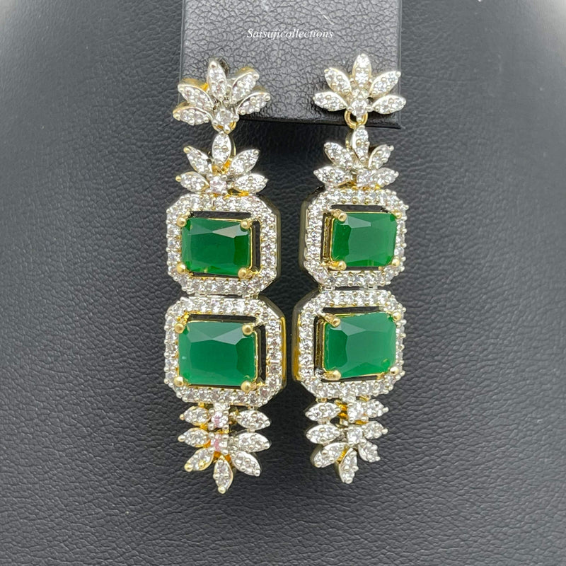 Elegant Diamond Finish CZ and Emerald 2 Layered Long Necklace Set with Earrings-Saisuji Collections-S-AD,American Diamond,CZ,Necklace,Necklace Set,Necklaces