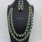 Elegant Diamond Finish CZ and Emerald 2 Layered Long Necklace Set with Earrings-Saisuji Collections-S-AD,American Diamond,CZ,Necklace,Necklace Set,Necklaces