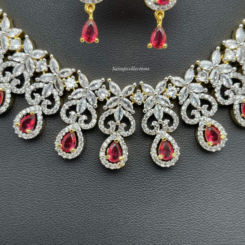 Beautiful Imitation Gold CZ and Magenta stone Drops Necklace Set with Earrings-Saisuji Collections-S-Imitation Gold,Laxmi,Multi Stone,Nakshi,Necklace,Necklaces