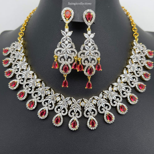 Beautiful Imitation Gold CZ and Magenta stone Drops Necklace Set with Earrings-Saisuji Collections-S-Imitation Gold,Laxmi,Multi Stone,Nakshi,Necklace,Necklaces