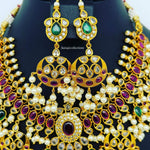 Premium Matte AD and Kemp stones Chandbali Set-Saisuji Collections-S-AD,Emerald,Matte Gold,Necklace,Necklace Set,Necklaces,Necklance,Ruby