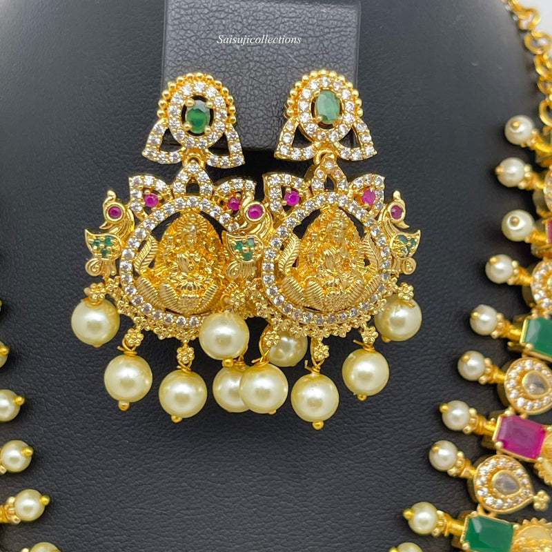 Beautiful Imitation Gold CZ and Multi Stone Laxmi Kasu Necklace Set-Saisuji Collections-S-Imitation Gold,Laxmi,Multi Stone,Nakshi,Necklace,Necklaces,Temple