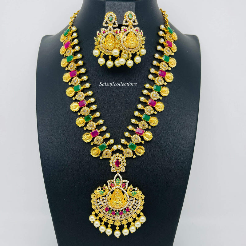 Beautiful Imitation Gold CZ and Multi Stone Laxmi Kasu Necklace Set-Saisuji Collections-S-Imitation Gold,Laxmi,Multi Stone,Nakshi,Necklace,Necklaces,Temple