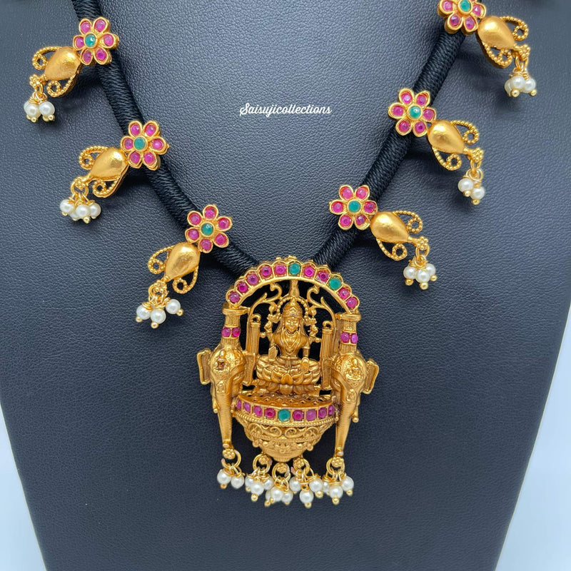 Beautiful Laxmi Devi Black Dori Set with Earrings-Saisuji Collections-C-AD,Beads,Emerald,Necklace,Necklace Set,Necklaces,Necklance,Peacock,Ruby,Temple