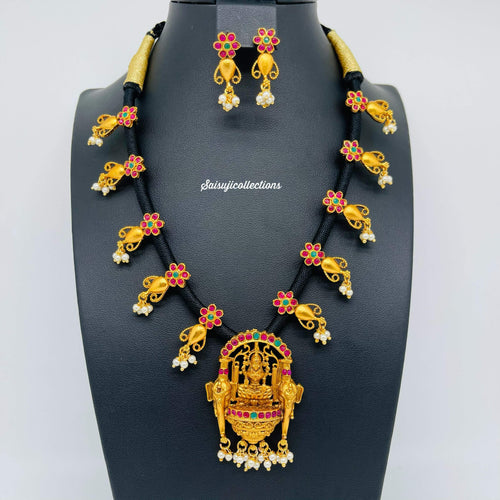 Beautiful Laxmi Devi Black Dori Set with Earrings-Saisuji Collections-C-AD,Beads,Emerald,Necklace,Necklace Set,Necklaces,Necklance,Peacock,Ruby,Temple