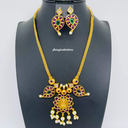 Beautiful Premium Matte AD and Kemp Stones Lakshmi Chain Choker with Earrings-Saisuji Collections-C-AD,Emerald,Matte Gold,Necklace,Necklace Set,Necklaces,Necklance,Ruby
