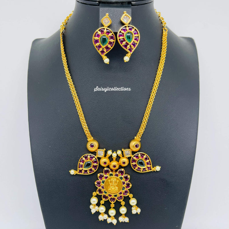 Beautiful Premium Matte AD and Kemp Stones Lakshmi Chain Choker with Earrings-Saisuji Collections-C-AD,Emerald,Matte Gold,Necklace,Necklace Set,Necklaces,Necklance,Ruby