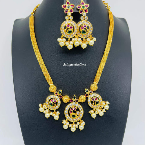 Beautiful Imitation Gold AD and Multistone Peacock Chain Choker with Earrings-Saisuji Collections-C-Imitation Gold,Laxmi,Multi Stone,Nakshi,Necklace,Necklaces