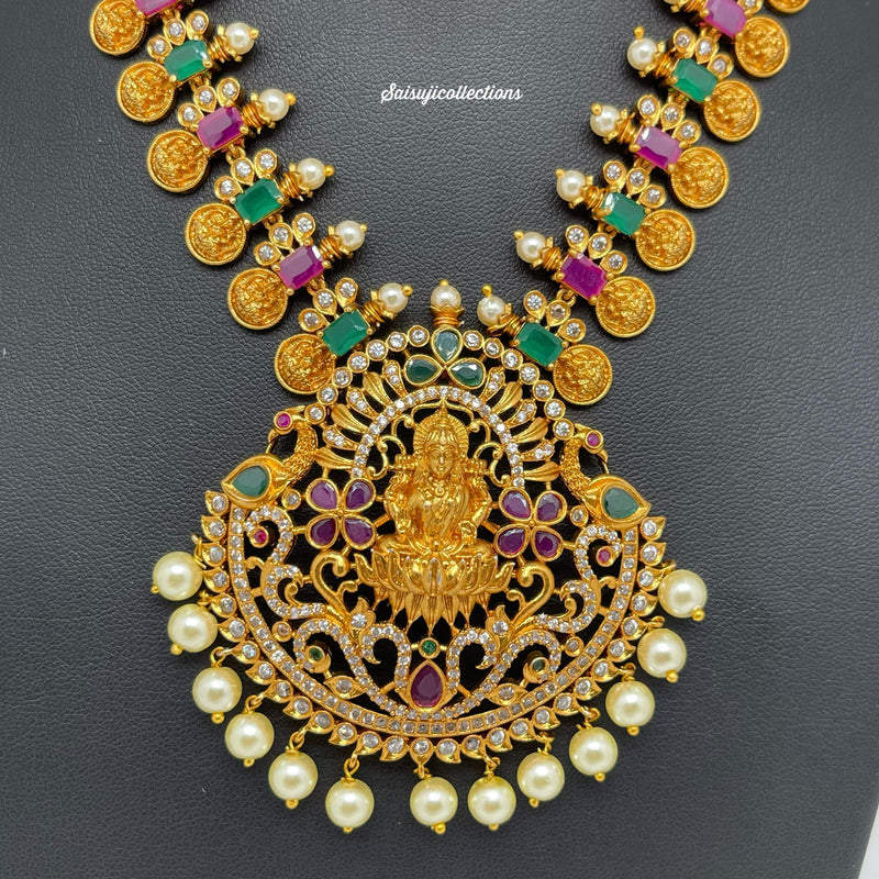 Elegant Premium Matte Multistone Lakshmi Kasu Necklace set with Jhumka-Saisuji Collections-C-AD,Emerald,Matte Gold,Necklace,Necklace Set,Necklaces,Necklance,Ruby