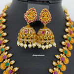Elegant Premium Matte Multistone Lakshmi Kasu Necklace set with Jhumka-Saisuji Collections-C-AD,Emerald,Matte Gold,Necklace,Necklace Set,Necklaces,Necklance,Ruby