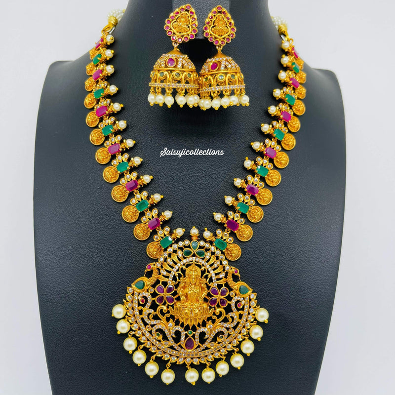 Elegant Premium Matte Multistone Lakshmi Kasu Necklace set with Jhumka-Saisuji Collections-C-AD,Emerald,Matte Gold,Necklace,Necklace Set,Necklaces,Necklance,Ruby