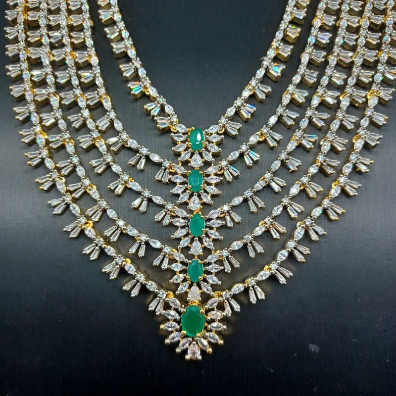 Elegant Diamond Finish Multi Layer Medium AD And Emerald Stone Panchlada Haram With Earrings