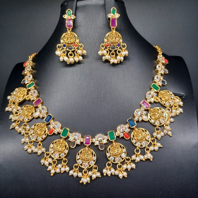 Elegant AD And Navaratan Lakshmi Pearl set With Earrings