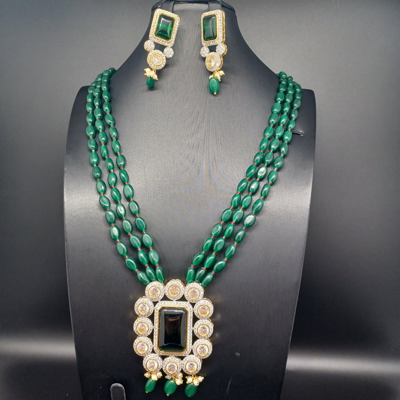Beautiful Multi Strand Green Monalisa Beads Set With CZ And Green And AD stone Locket And Earrings