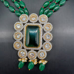 Beautiful Multi Strand Green Monalisa Beads Set With CZ And Green And AD stone Locket And Earrings