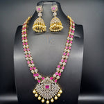 Beautiful AD And Ruby 2 Lane Long Necklace Set With earrings
