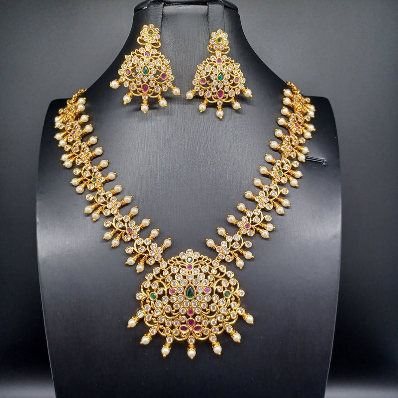 Elegant AD And And Multistone Uncut Style Necklace Set With Earrings