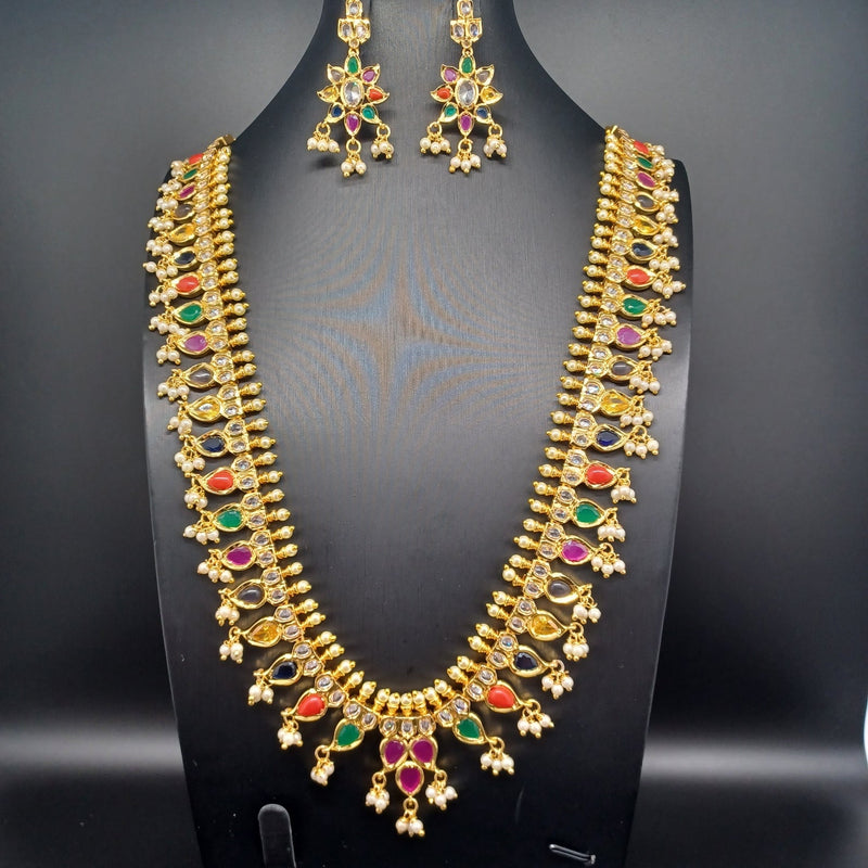 Elegant AD And Navratan Long Necklace Set With earrings