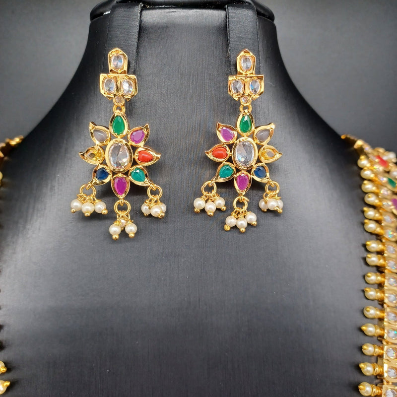 Elegant AD And Navratan Long Necklace Set With earrings