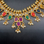 Elegant AD And Navratan Long Necklace Set With earrings