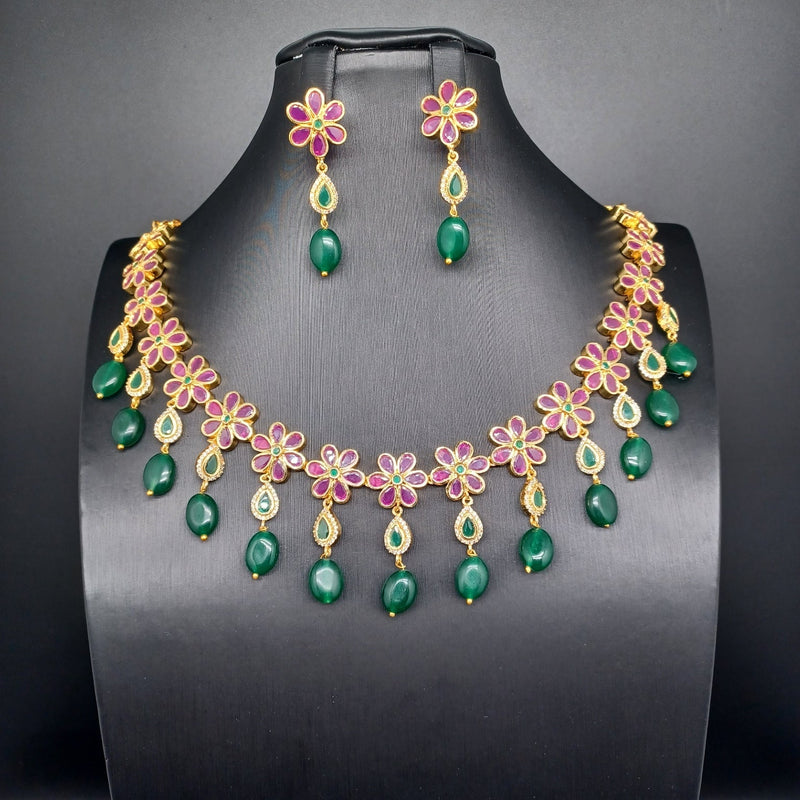 Beautiful Ruby Flower Green Monalisa Necklace With Earings