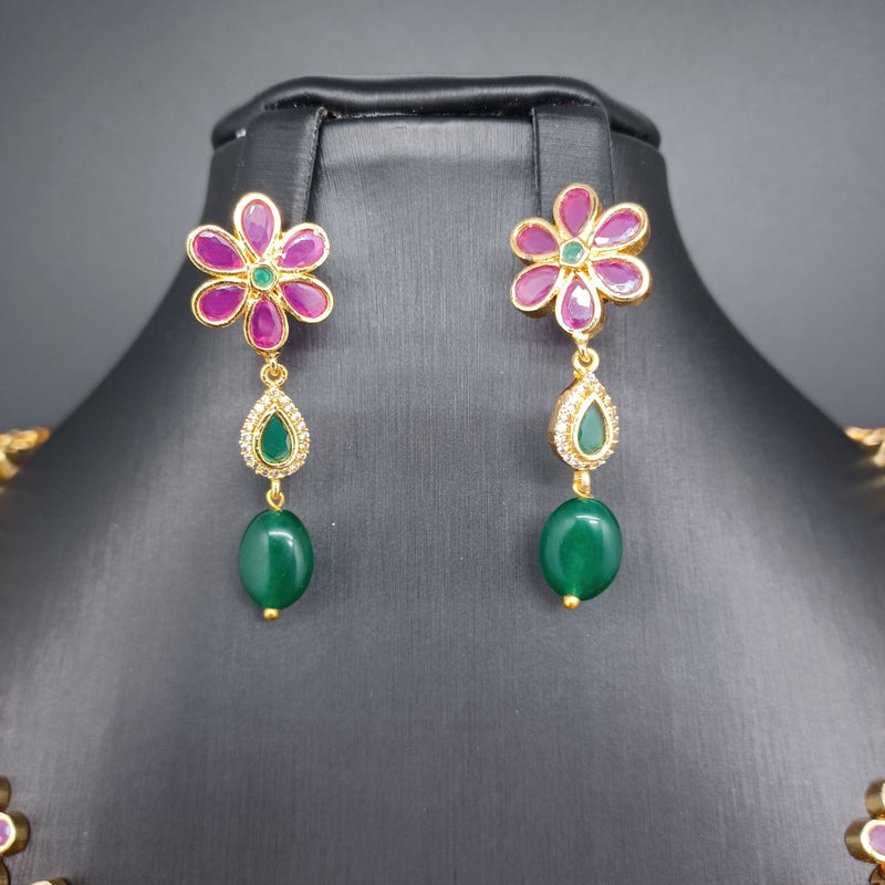 Beautiful Ruby Flower Green Monalisa Necklace With Earings